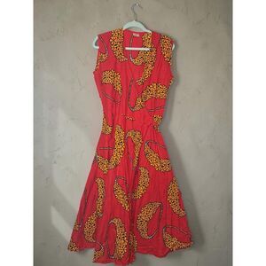 NF Red Floral African Ankara Print Cotton Midi Wrap Dress Size L